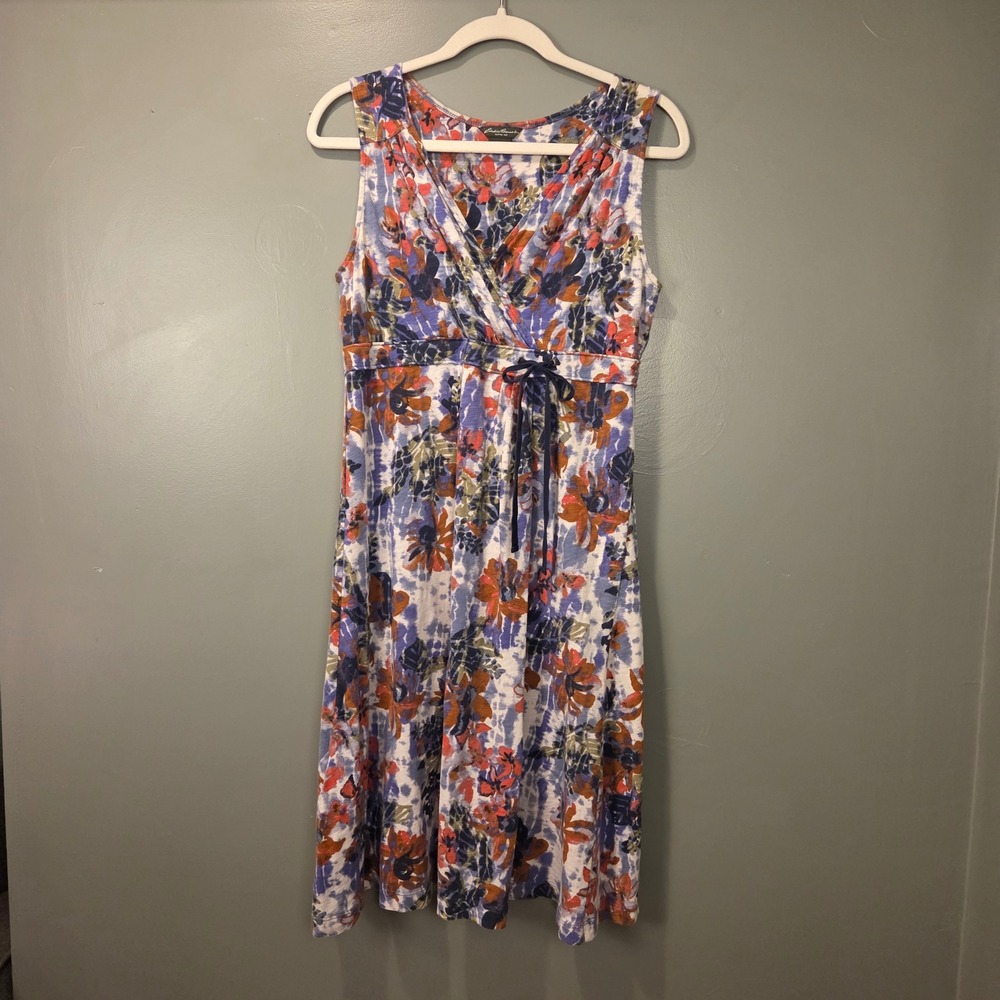 Eddie Bauer Women's Tie Front Floral Print Midi Dress Size M Faux Wrap Multi